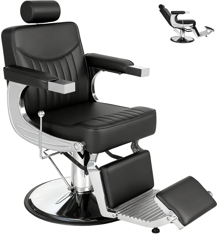 Vintage Barber Chair for Barbershop, Reclining Heavy-Duty Hydraulic All-Purpose Salon Chair, 360 Swvivel Adjustable Hair Stylist Chair, Professional Salon Beauty Spa Shampoo Equipment, Black Lines