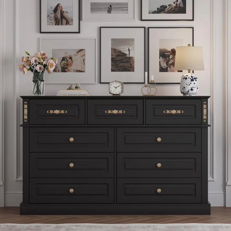 Mekminop Extra Large 9 Drawers Dresser for Bedroom, Wood Chest of Drawers with Gold Knobs, Tall Storage Dressers Organizer for Living Room, Hallway (63" W x 15.75" D x 39.4" H) (Black)