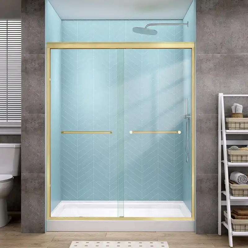 GETPRO Shower Door Double Sliding 56-60 in. W x 72 in. H Semi-Frameless Bypasss Bathroom Glass Shower Sliding Doors,1/4 inch Clear Tempered Glass Door for Walk-in Shower Brushed Gold