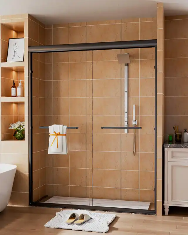 Sliding Shower Door 56-60" W x 72" H, Bathroom Sliding Door,Double Sliding Glass Shower Door, 1/4-Inch (6mm) Clear Tempered Glass, Easy Install Frameless Shower Doors for Walk-in Shower (Matte Black)