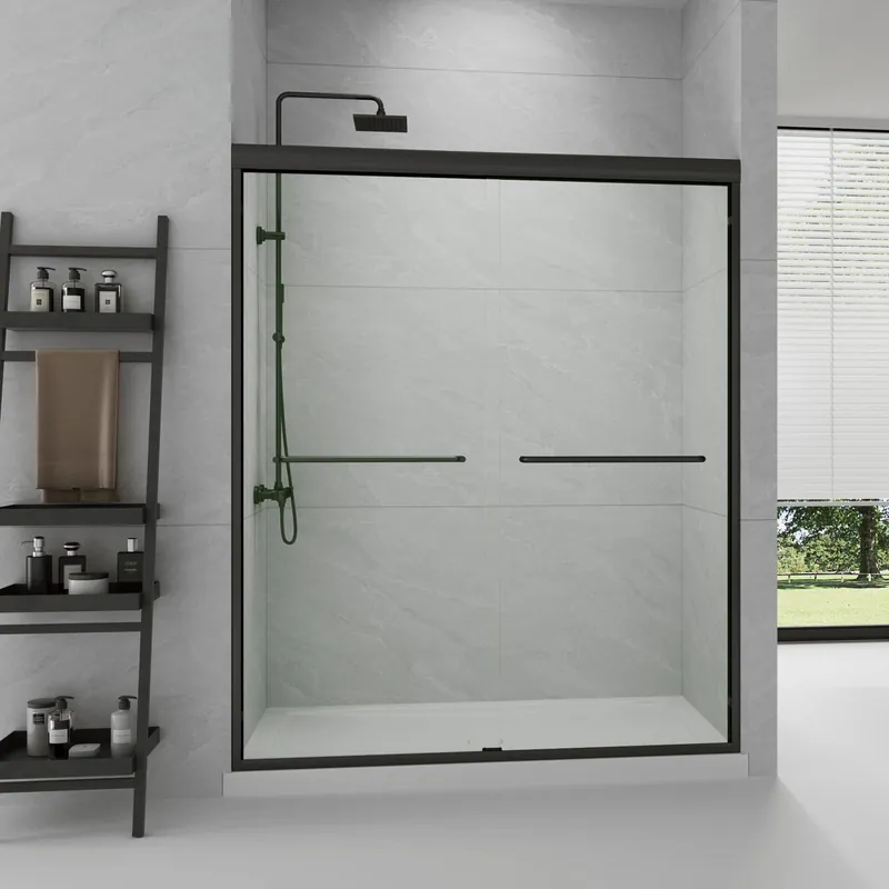 GDGZQD Semi-Frameless Sliding Shower Door W 60 x H 72 Inches, Bathroom Sliding Door Easy to Install, 1/4 "Clear Glass, Black Hardware Double Sliding Glass Shower Room