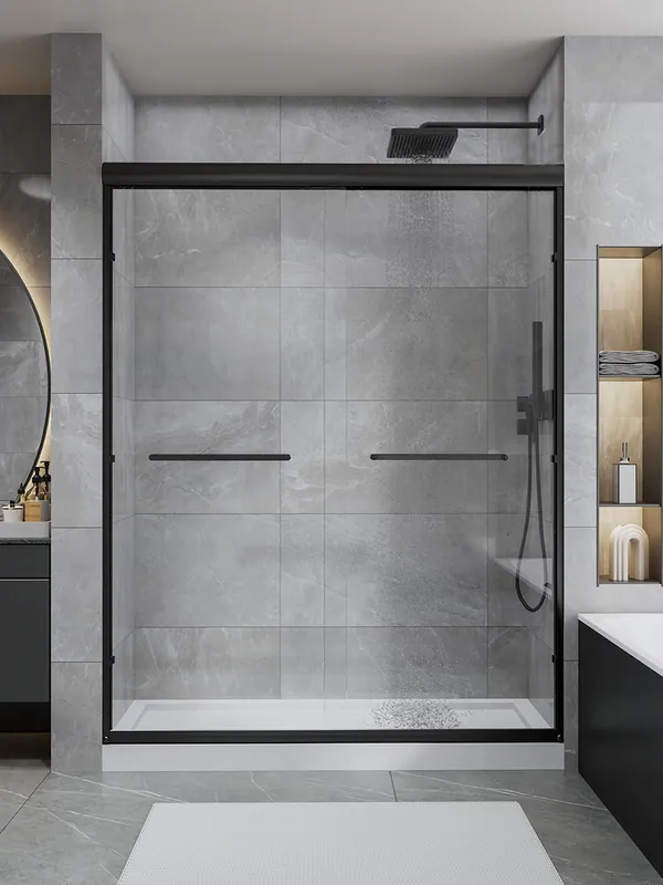 Glass Shower Doors, 56" - 60" W x 72" H Double Sliding Shower Door, Aluminum Semi-Frameless & 1/4"(6mm) Clear Tempered Glass Bypass Shower Door for Walk in Shower, Matte Black