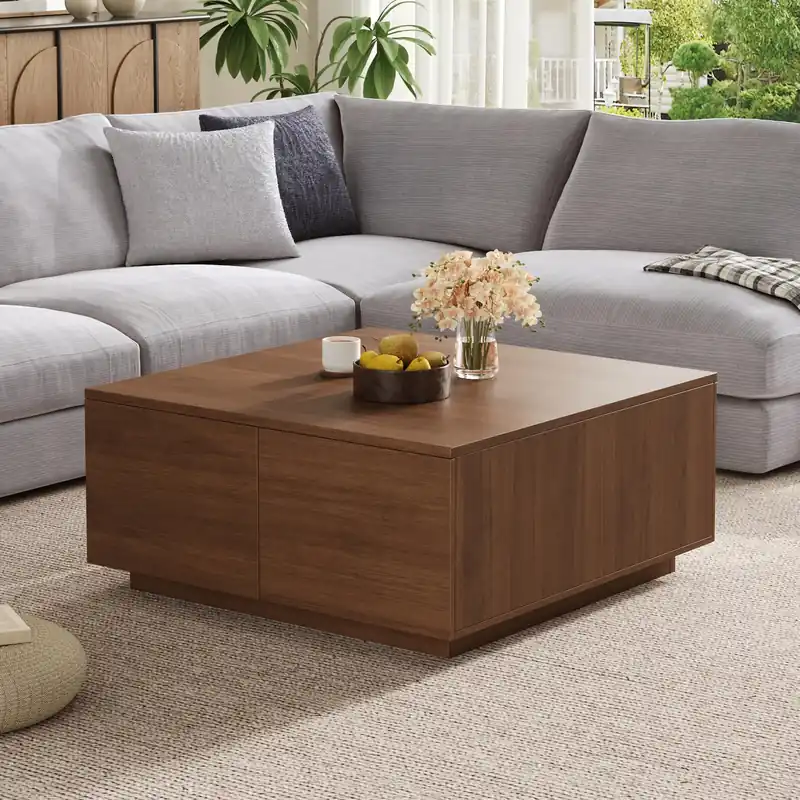 Merax Modern Wood Square Coffee Table with 4 Hidden Storage Drawers, 33.25" Minimalist Center Tables for Living Room, Easy Assembly, Walnut