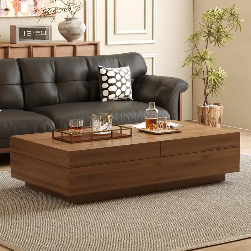 Mid-Century Modern Expandable Coffee Table, 47.2"-81.8" Adjustable Walnut Center Table with Large Hidden Storage for Living Room