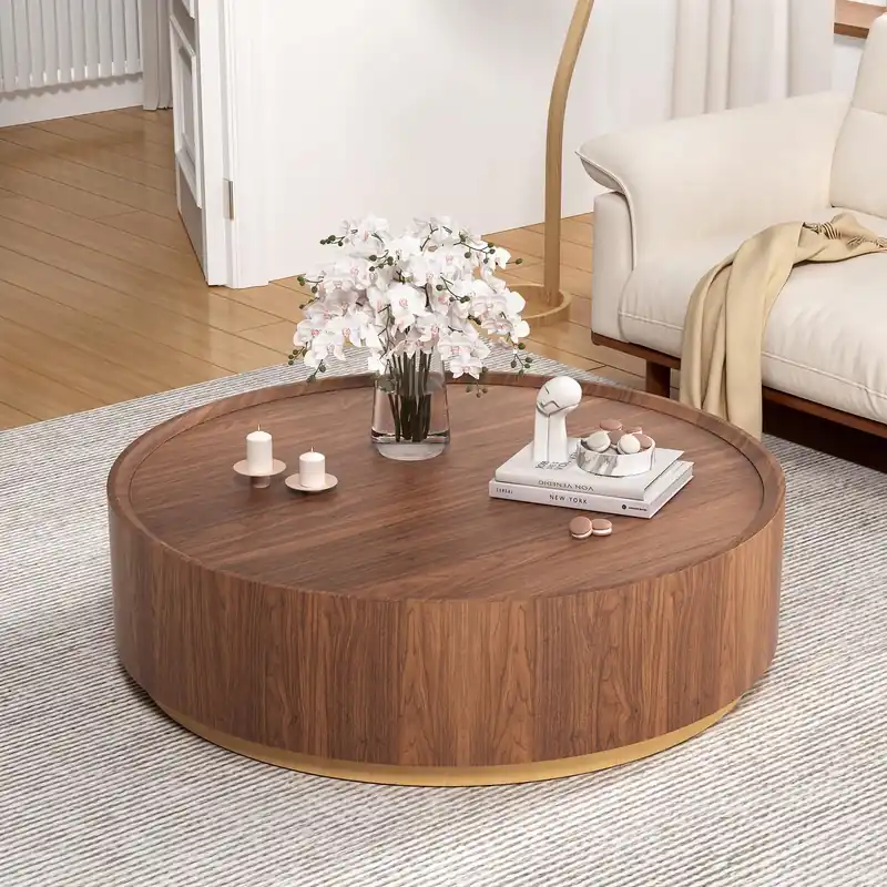 Round Coffee Table with Storage for Living Room, Wooden Circle Center Coffee Table with Drawers, Modern Accent Walnut Table for Bedroom Balcony Office, Fully Assembled (Brown)