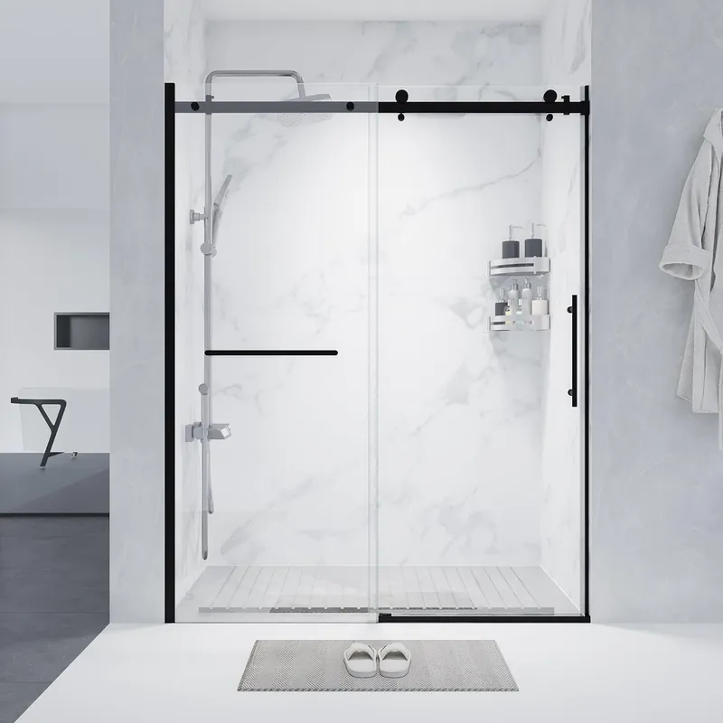 60-60.8" W x 76" H Double Sliding Shower Door, 1/4"(6mm) Tempered Glass with Explosion-Proof Film and Nano Coating, Matte Black Semi-Frameless Shower Door, Stainless Steel Hardware
