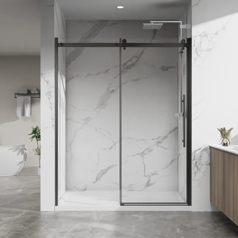 Bathenum 60.in W x 72.in H Frameless Shower Door Single Sliding, 1/4 inch Thick Clear Tempered Glass Shower Door with Zinc Roller Rail System, Stainless Steel Handle, Matte Black