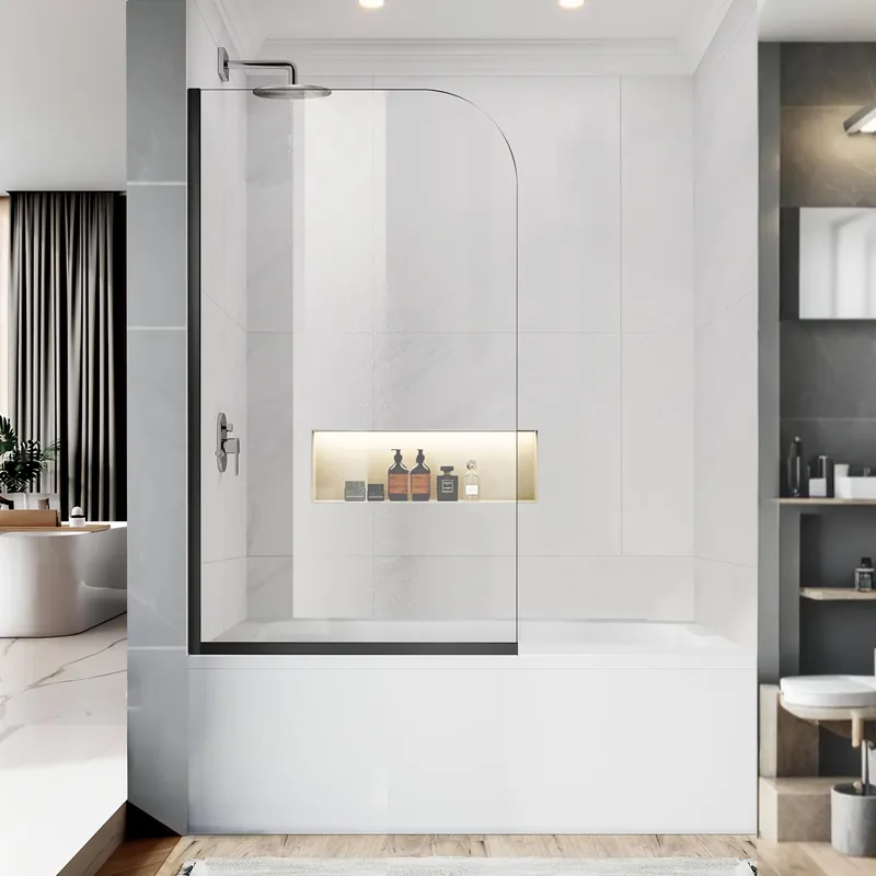 Bathtub Shower Glass Panel, 34" W X 58" H Tub Shower Door Fixed Glass Doors in Matte Black with 1/4"(6mm) Clear Tempered Door, Simple Shower Door Panel Easy to Install for Bathroom
