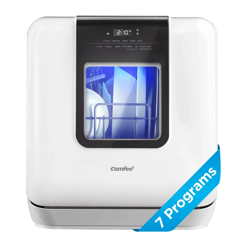 COMFEE‘ Countertop Dishwasher, Portable Dishwasher with 6L Built-in Water Tank, Mini Dishwasher with More Space Inside, 7 Programs, UV Hygiene& Auto Door Open, for Apartments, Dorms& RVs, White
