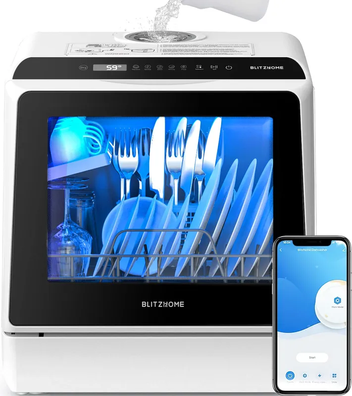 BLITZHOME Portable Dishwasher Countertop, WIFI Smart Dishwasher, Compact Dishwashers with 5L Built-in Water Tank, 6 Programs, 360° Dual Spray, High-Temp& Air-Dry Function, Fruit Cleaning