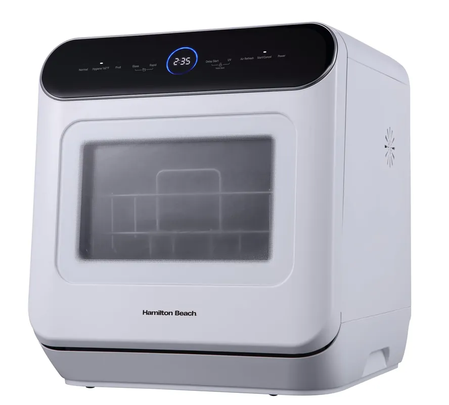Hamilton Beach Portable Countertop Dishwasher No Hookup Unit with 6-Liter Water Bank for Tabletop, Apartment, or RV, Compact Dishwashing and Drying Machine, Delay Timer, Rapid Cleaning