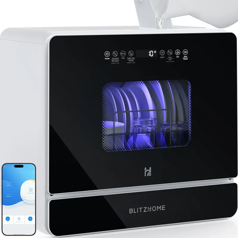 BLITZHOME WiFi Countertop Portable Dishwasher, Smart 9 Programs, 167℉ High-Temp, 360° 3Spray, 24H Timing, Hot Air Drying, Air Refresh, Baby-Care, LED Light, 5.2L Built-in Water Tank for Apartments RVs