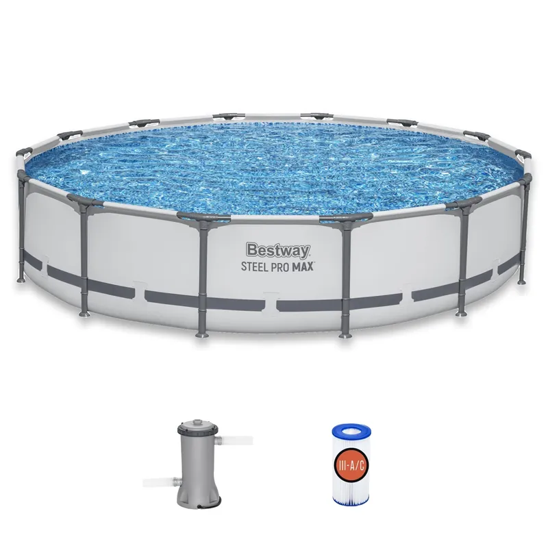 Bestway Steel Pro MAX 14‘ x 33" Round Above Ground Swimming Pool Set, 530 GPH Filter Pump, Tritech Puncture Resistant Liner, ClickConnect Steel Frame, Gray