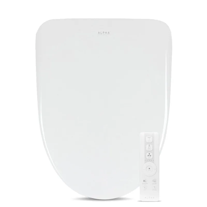 ALPHA BIDET iX Pure Bidet Toilet Seat in Elongated White Ultra Low Profile Endless Warm Water Arced Stainless Steel Nozzle Blue LED Nightlight Dryer