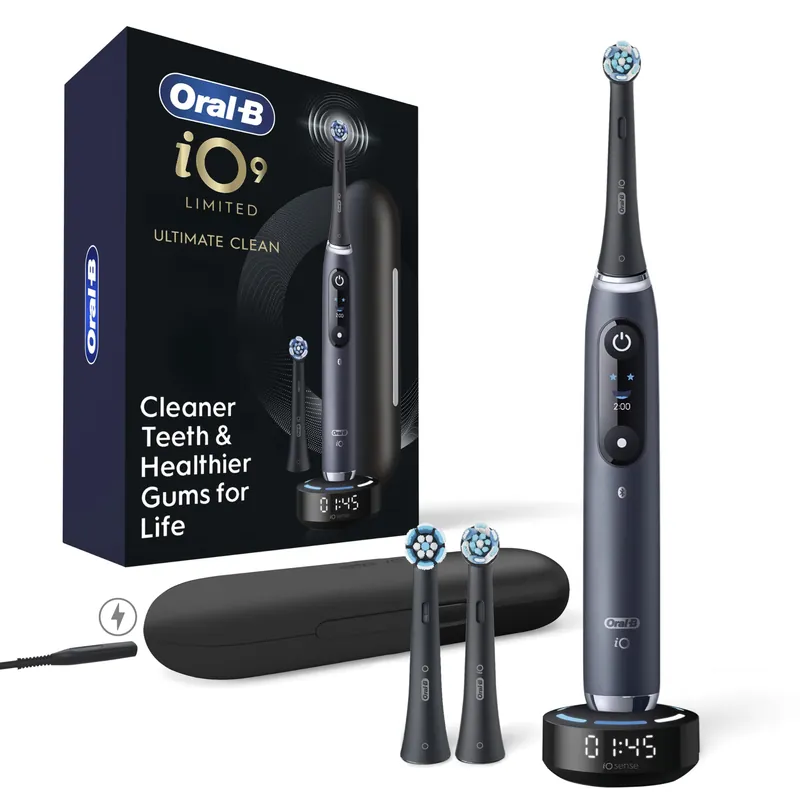 Oral-B Rechargeable Electric Toothbrush, iO9 Limited Ultimate Clean, 7 Cleaning Modes, Interactive Display, iSense Charger, Charging Travel Case, Visible Pressure Sensor, 3 Brush Heads, Black