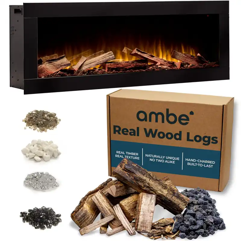 Ambe Linear 50" Electric Fireplace with Real Wood Hidden Vent Design Midwest Hardwood Log Set Recessed or Built-in Deep Realistic Ember Bed Fireplace Insert Heater Trim or Frameless