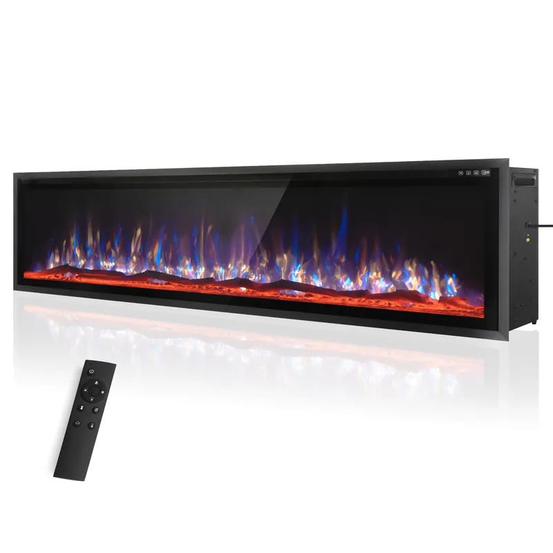 PHI VILLA 72" Electric Fireplace Wall Mounted, Recessed Wall Fireplace Electric with Crystal, Fake Charcoal & Firewood Bed for Indoor, Remote Control, 750W/1500W, Timer, Ultra-Narrow Bezel