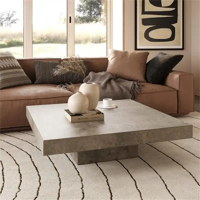 Pemberly Row Square Modern Concrete Coffee Table, 43 x 43 x 12 in, Fiber Reinforced Stone, Dark Gray Acrylic Sealed Finish, Elegant Sturdy Design for Living Room or Outdoor Use