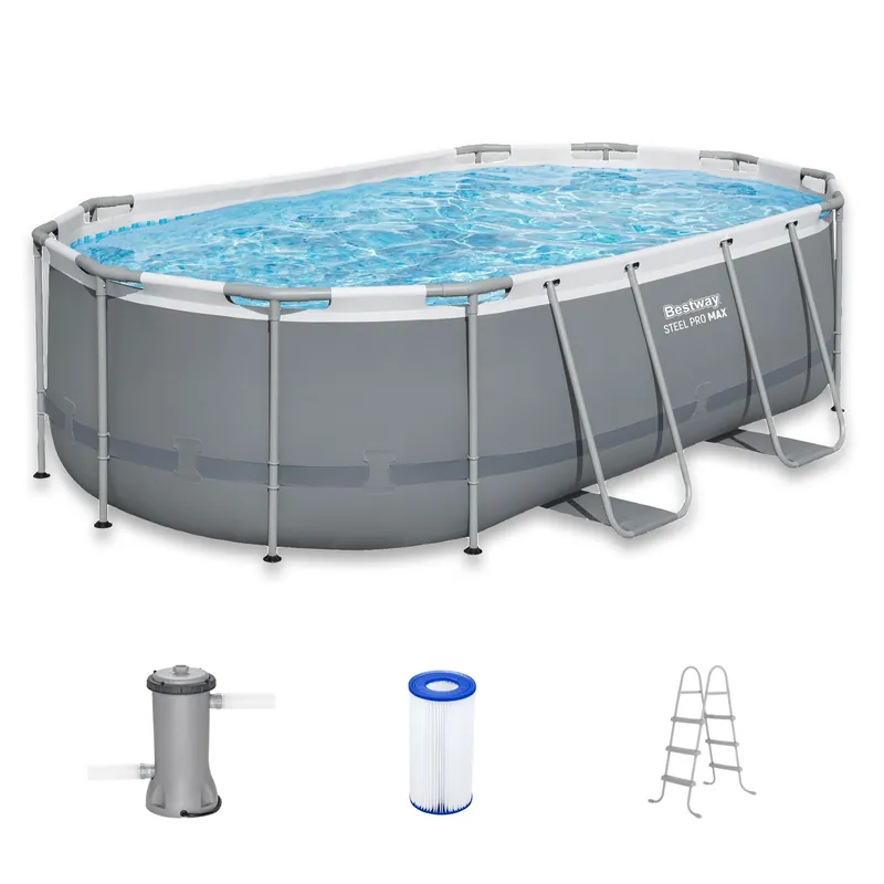 Bestway Steel Pro MAX 14‘ x 8‘2" x 39.5" Oval Above Ground Swimming Pool Set, 530 GPH Filter Pump, Ladder, Tritech Puncture Resistant Liner, ClickConnect Steel Frame, Gray