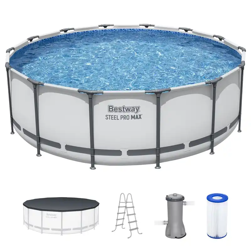 Bestway Steel Pro MAX 14‘ x 48" Above Ground Pool, Round Metal Frame Outdoor Swimming Pool Set with Filter Pump, Ladder, and Cover, Gray