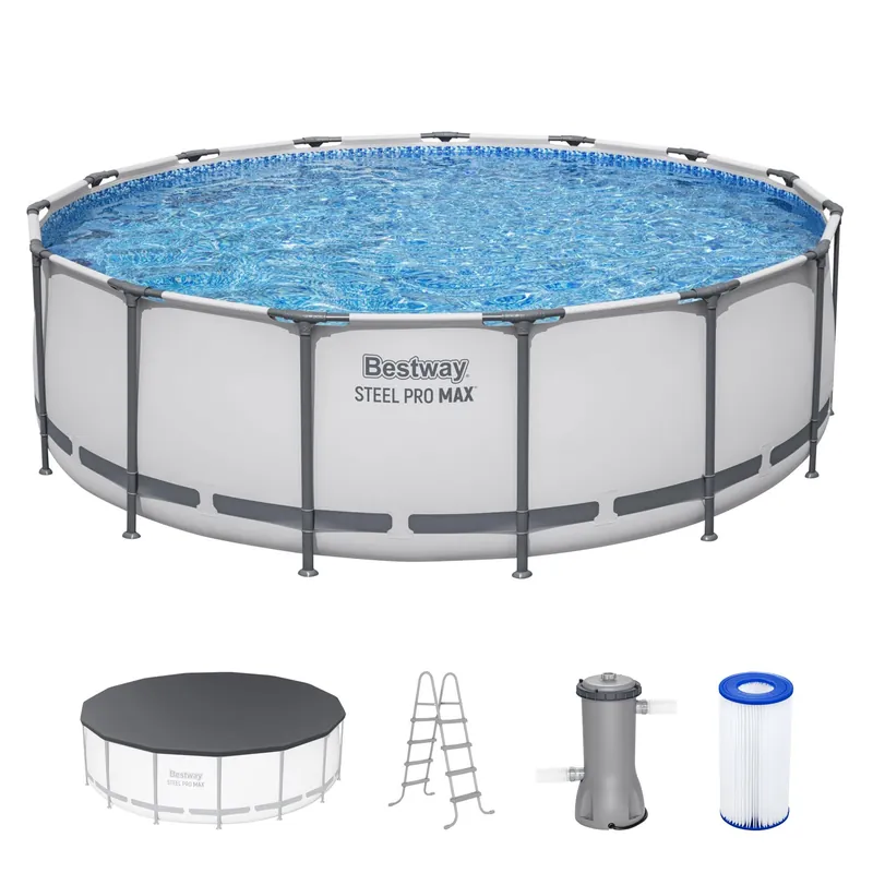 Bestway Steel Pro MAX 15‘ x 48" Above Ground Pool, Round Metal Frame Outdoor Swimming Pool Set with Filter Pump, Ladder, and Cover, Gray