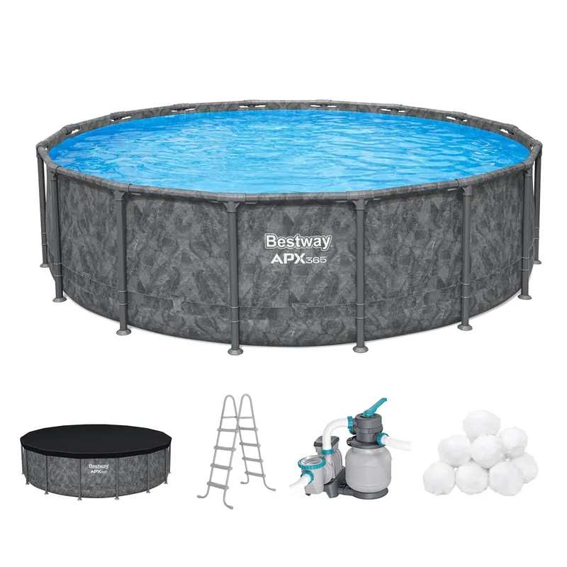 Bestway APX 365 16‘ x 48" Above Ground Pool, Round Metal Frame Outdoor Swimming Pool Set with Sand Filter Pump, Ladder, and Cover, Dark Marble