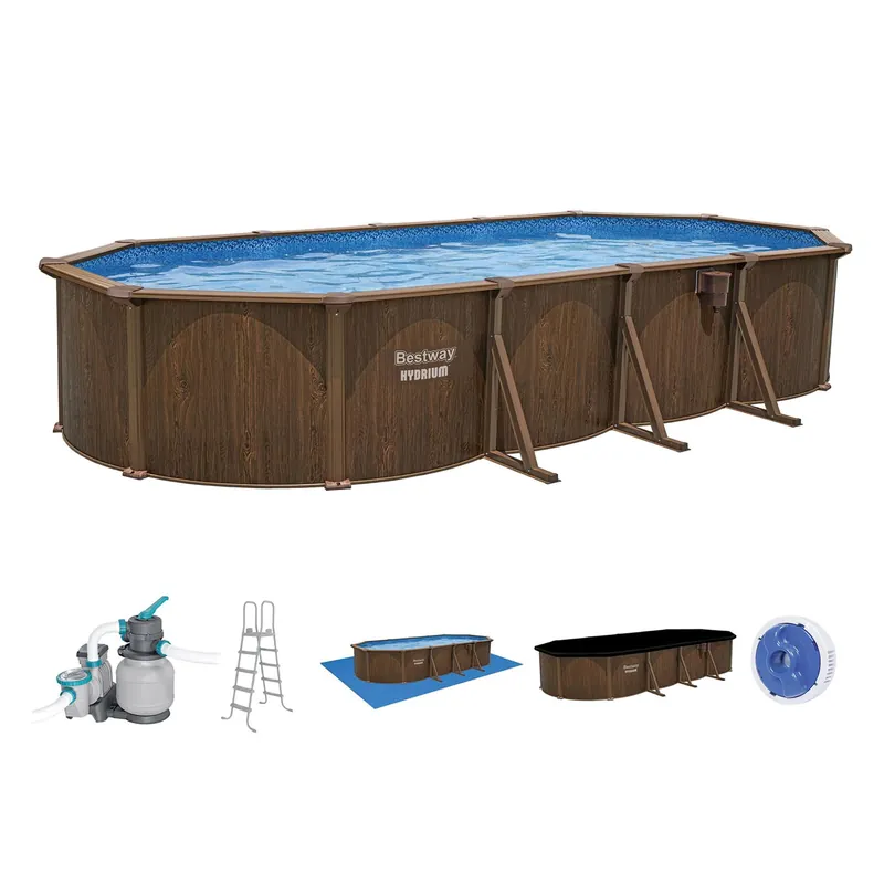 Bestway Hydrium 24‘ x 12‘ x 52" Above Ground Pool, Oval Steel Side Wall Frame Outdoor Swimming Pool Set with Sand Filter Pump, Ladder & Accessories