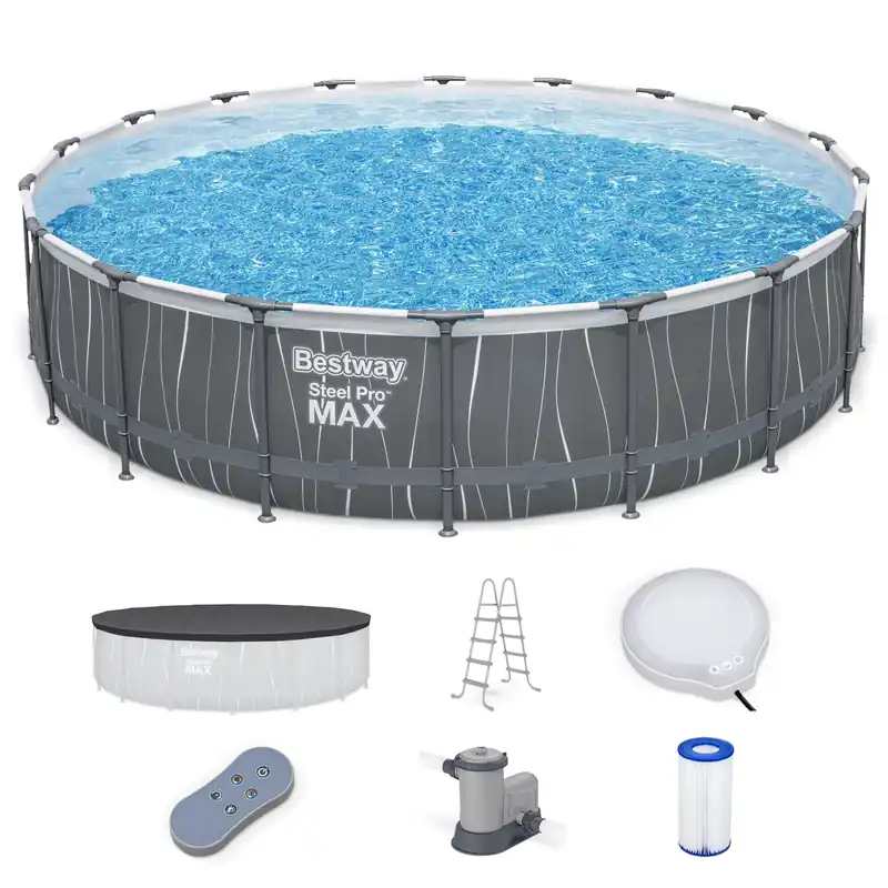 Bestway Steel Pro MAX 18‘ x 48" Above Ground Pool, Round Metal Frame Outdoor Swimming Pool Set with LED Light, Filter Pump, Ladder, & Cover, Dark Gray
