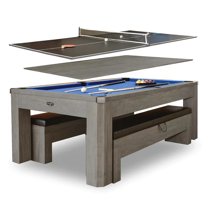 Hathaway Newport 7 Foot Pool Table Combo – 3 in 1 Game Table with Reversable Table Tennis Top & Dining Top – Includes Game Accessories & Two Benches – Chrome Accents, Rustic Gray Finish, Blue Felt