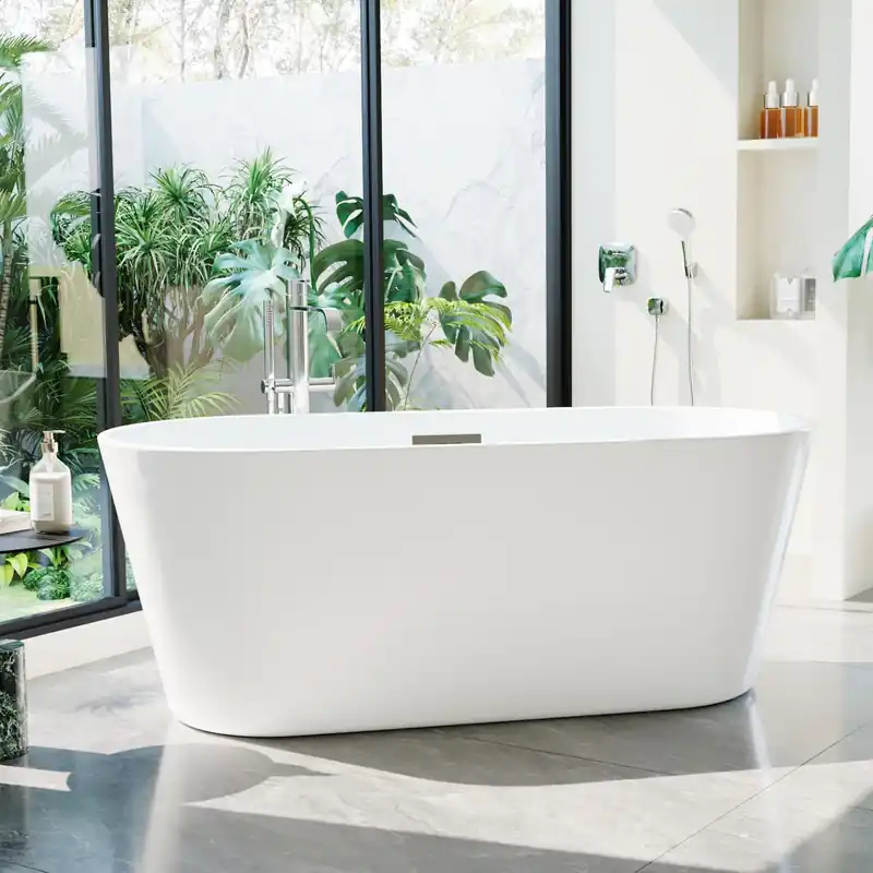 67 Inch Acrylic Freestanding Bathtub, Deep Soaking Tub with Non-Slip Base, CUPC Certified Free Standing Tub, Chrome Drain Bath Tub, Modern Tub for Bathrooms, White