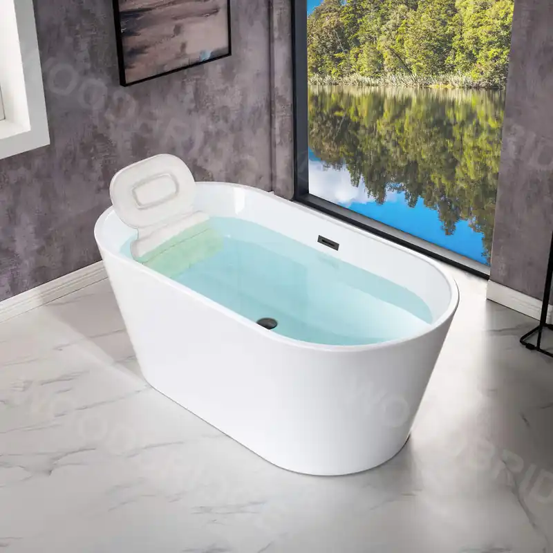 WOODBRIDGE 59" Freestanding White Acylic Soaking Bathtub with White Pillow,Drain and Overflow in Matte Black,BTA1514 -MB-Drain &O+ Pillow
