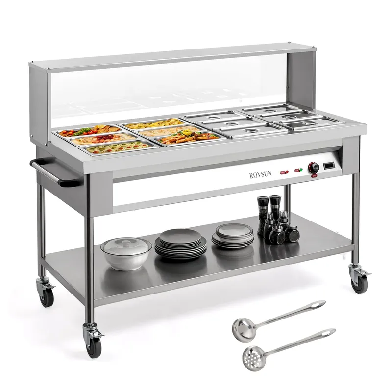 ROVSUN 96QT 1500W Electric Commercial Food Warmer, 12-Pan Steam Table 8QT/Pan Stainless Steel Bain Marie w/Acrylic Shield Overshelf Undershelf Temperature Control & Lid for Buffet Restaurant 110V