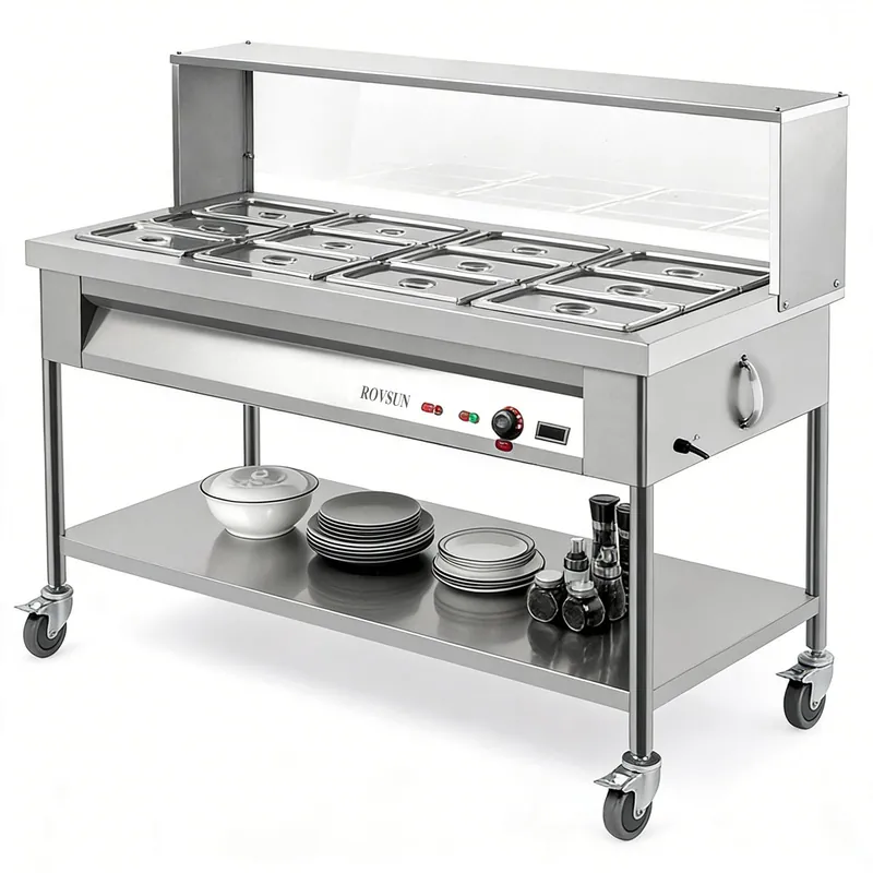 ROVSUN 96QT Steam Table, 12-Pan Electric Commercial Food Warmer, Stainless Steel Bain Marie w/Temperature Control Acrylic Shield Overshelf Undershelf & Lid for Buffet Restaurant