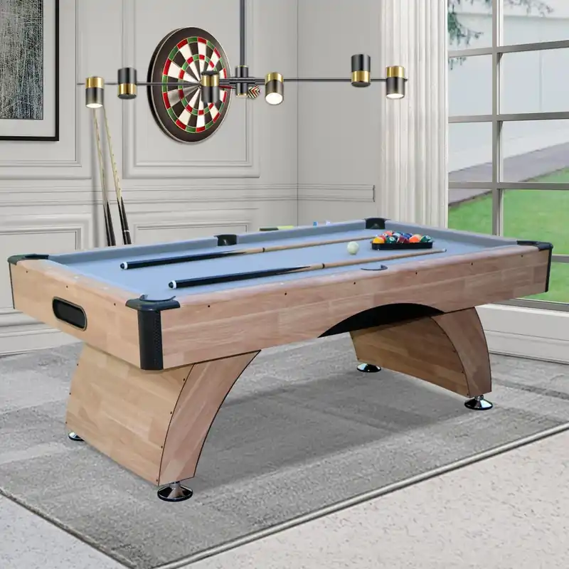 7FT Pool Table with Automatic Ball Return, Modern Arched-Leg Billiards Table with Durable Matte-Black Finish and Complete Accessories for Family Game Room & Recreation Space (Wood)