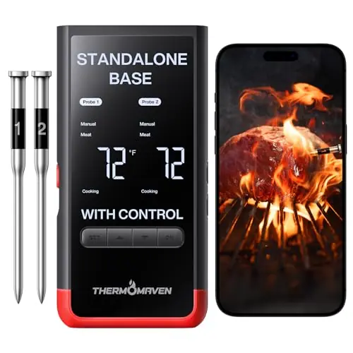 ThermoMaven Smart Bluetooth Wireless Meat Thermometer Standalone Base, WiFi Unlimited Range, 6 Sensors with NIST Certified Accuracy, 2 Probes for Kitchen, BBQ, Grill, Oven, Smoker, Rotisserie