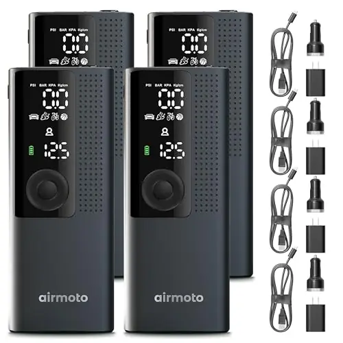 Airmoto and Power Kit Bundle Deal - 4 bundle - Tire Inflator Portable Air Compressor with Power Kit for Charging on The Road - Cordless Air Pump for Car Tires, Motorcycle, Bicycle, Balls (Pack of 4)