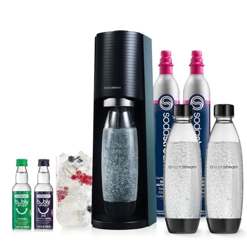 SodaStream - Terra Sparkling Water Maker VALUE BUNDLE CQC CO2 system Includes 2x CO2 Cylinders, 3x 32 Fl Oz Dishwasher Safe Bottles, 2x Bubly Flavor Drops Combine with Pepsi Flavors Black