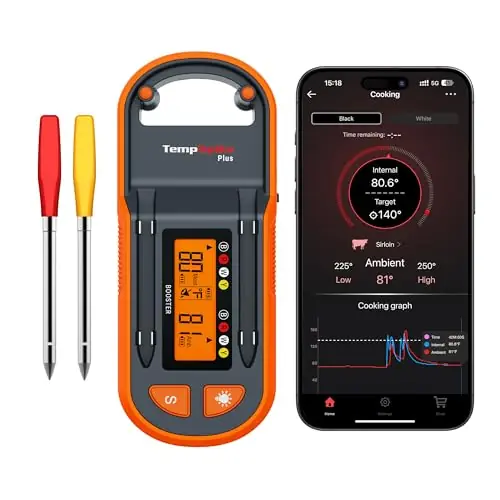 ThermoPro TempSpike Plus 600ft Wireless Meat Thermometer with 2 Color-Coded Probes, Bluetooth Meat Thermometer Wireless with LCD-Enhanced Booster for Food Cooking Grill Smoker