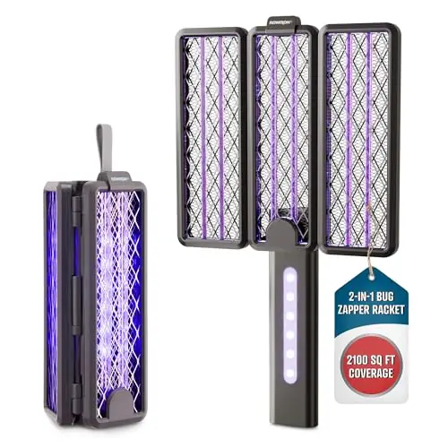Flowtron 2-in-1 Tri-Fold Bug Zapper Racket Portable Insect Killer with UV Light, 2100 Sq Ft Coverage, 3-Hour 2000mAh Rechargeable Battery, Compact Travel Design