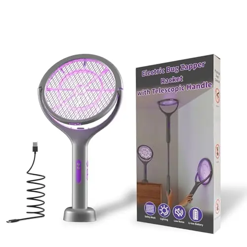 Rechargeable Electric Fly Swatter, Telescopic Handle with Rotating Head, 1200mAh Type-C Charging, Indoor & Outdoor Handheld Bug Zapper for Mosquitoes and Flies