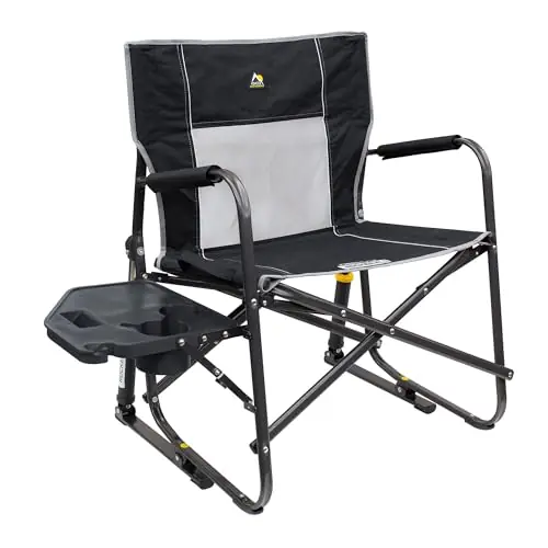 GCI Outdoor Freestyle Rocker XL with Side Table Camping Chair Portable Folding Rocking Chair with Solid, Durable Armrests, Drink Holder & Comfortable Backrest — Black