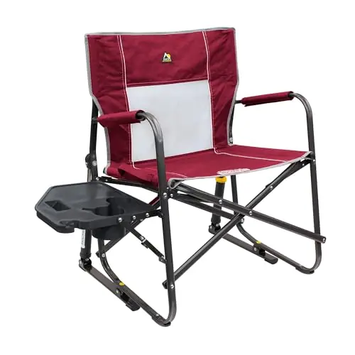 GCI OUTDOOR Freestyle Rocker XL with Side Table Camping Chair Portable Folding Rocking Chair with Solid, Durable Armrests, Drink Holder & Comfortable Backrest — Red