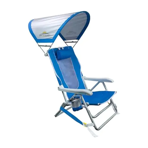 GCI Outdoor Sunshade Backpack Beach Chair Reclining Folding Canopy Chair with Durable Armrests, Drink Holder & Carry Straps, Perfect for Beach Trips & Picnics — Saybrook Blue