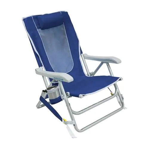 GCI Outdoor Backpack Beach Chair Reclining Folding Chair with Durable Armrests, Drink Holder & Carry Straps, Perfect for Beach Trips & Picnics — Nautical Blue