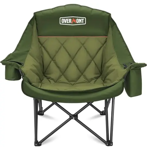 Overmont Oversized XL Camping Chair for Adults - 400lbs Support Heavy-Duty Padded Folding Chair with Side Pocket Cup Holder Cooling Bag for Outdoor Sports Garden Beach Fishing Lawn Green