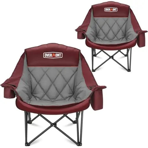 Overmont Oversized XL Camping Chair for Adults - 400lbs Support Heavy-Duty Padded Folding Chair with Side Pocket Cup Holder Cooling Bag for Outdoor Sports Garden Beach Fishing Lawn Red 2pcs