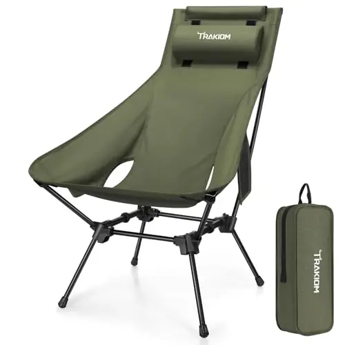 Trakiom High Back Portable Compact Camping Chair, Lightweight Green Folding Chair with Head Support & Widened Seat, Adjustable Head Support for Beach, Camping, Festival, Hiking and Outdoor Travel