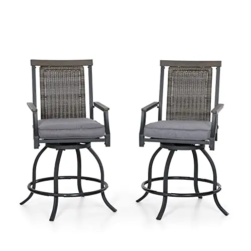 Sophia and William Swivel Patio Bar Chairs, Set of 2, Counter Height, Rattan Back and Grey Seat Cushion, High Back Design for Garden, Lawn, and Backyard