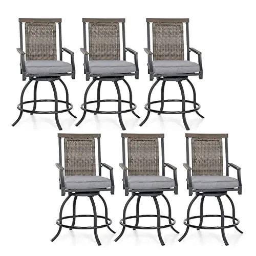 Sophia & William Swivel Patio Bar Chairs, Set of 6, Counter Height, Rattan Back & Grey Seat Cushion, High Back Design for Garden, Lawn, and Backyard