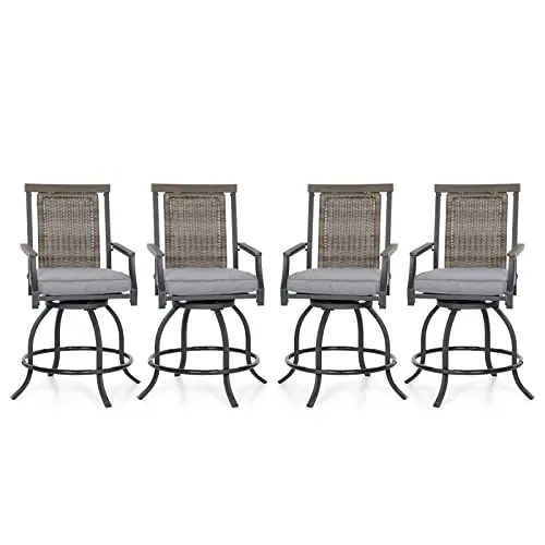 Sophia and William Swivel Patio Bar Chairs, Set of 4, Counter Height, Rattan Back and Grey Seat Cushion, High Back Design for Garden, Lawn, and Backyard